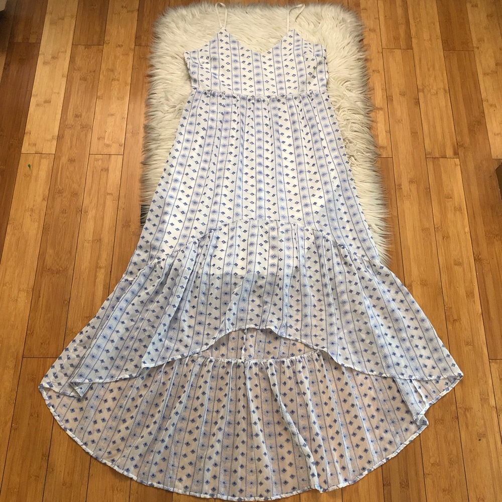 Miami Eyelet Embroidery Ruffle Hi-low Tiered Sheer Blue White Maxi Dress size L